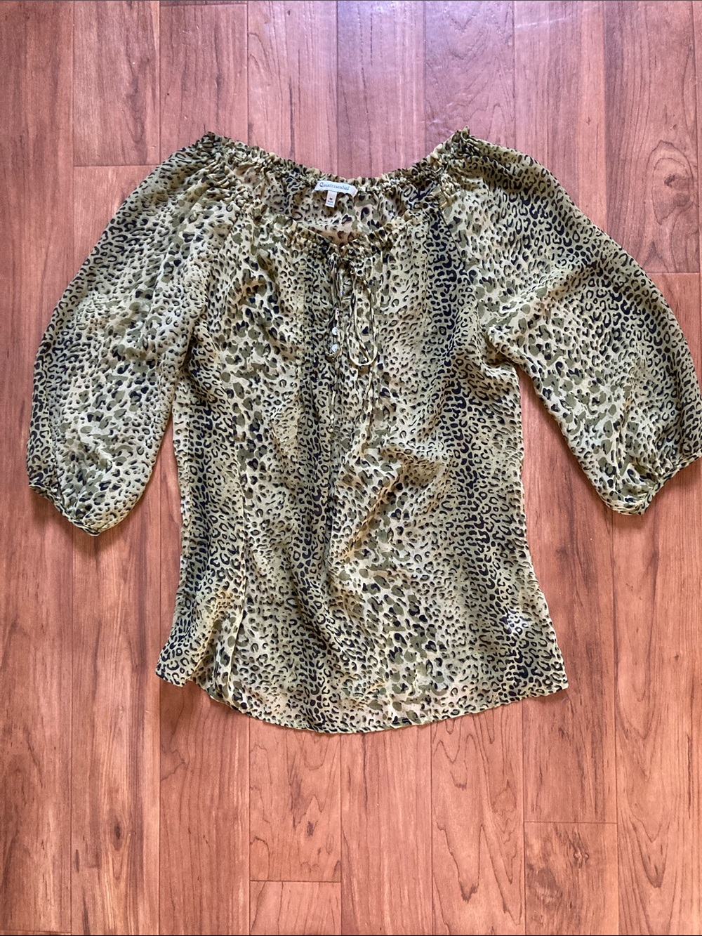 Women's Olive Leopard Print Peasant Blouse Semi sheer
